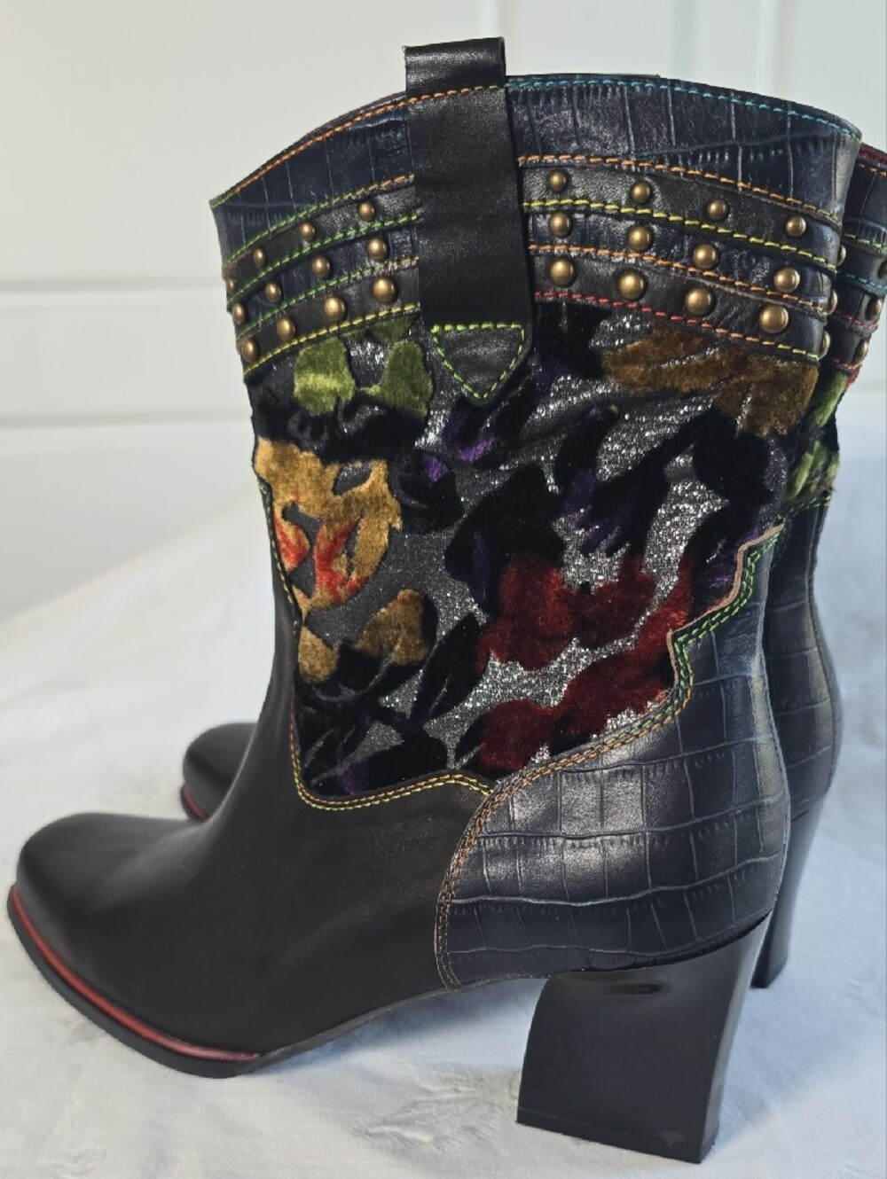 L'Artiste Black Leather Heeled Ankle Boots with Multicolor Flowers Size EU 41 - Picture 14 of 16